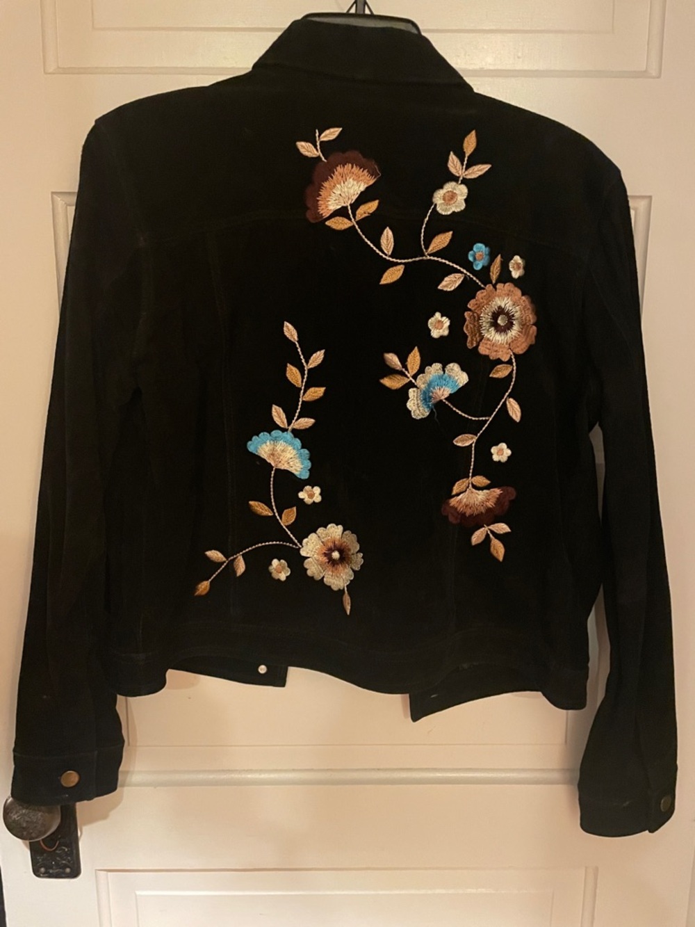 Brandon Thomas Black suede Jacket with Embroidered Floral Vine